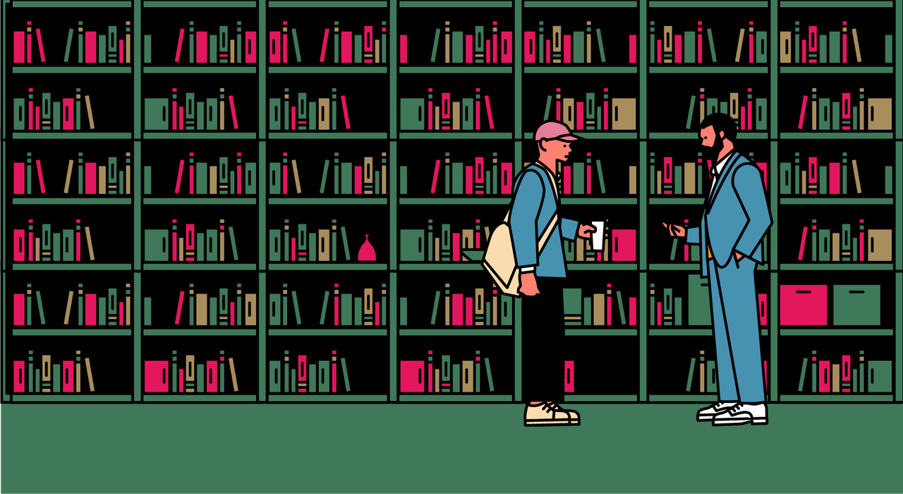 Colorful illustration of two men talking in a library, one wearing casual dress and the other wearing a suit.