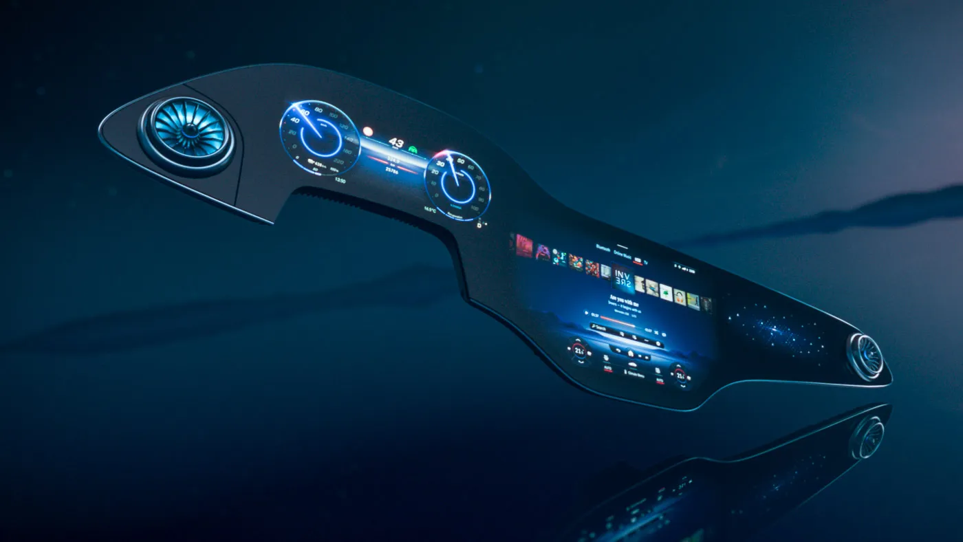 Graphical representation of a full automobile dashboard with a continuous screen from driver side to passenger side, with driving controls on the left, media and climate controls in the middle, and a graphic of a galaxy on the right.