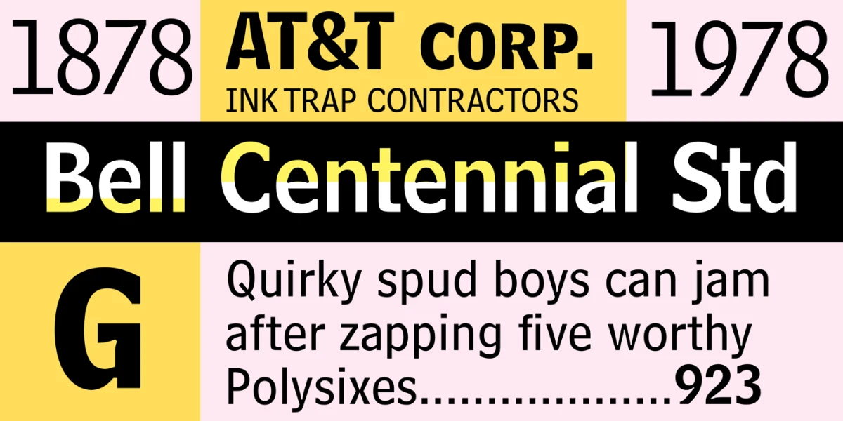 Colorful grid of various applications of the Bell Centennial typeface. The name is large and centered. Surrounding it are dates, AT&T, the label “ink trap contractors,” and a typeface sample sentence.