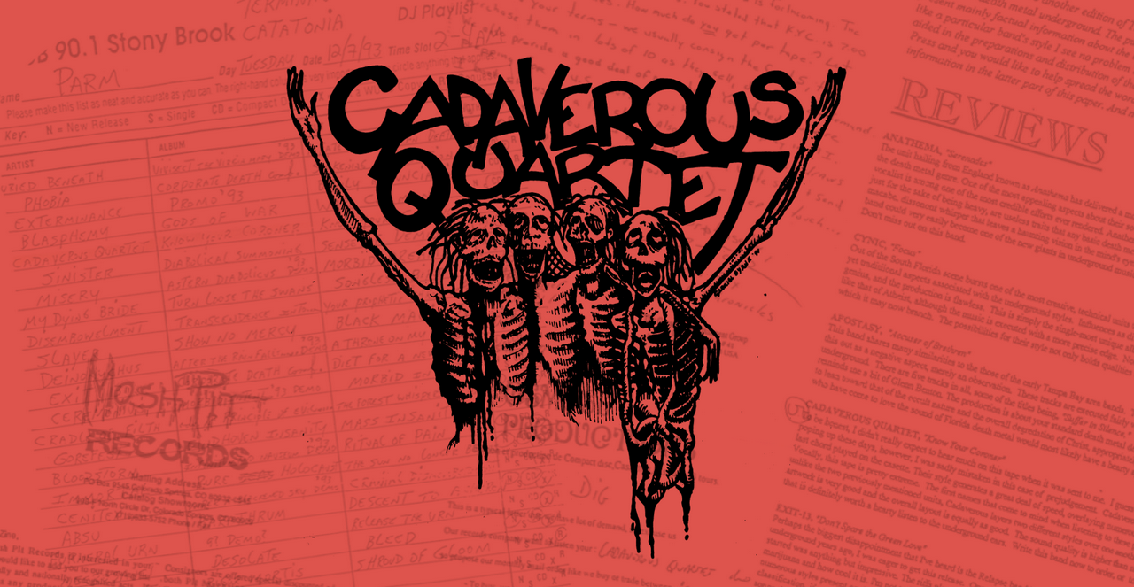 Early version of Cadaverous Quartet logo with four corpses huddled together singing which overlays a texture created from letters and magazine articles.