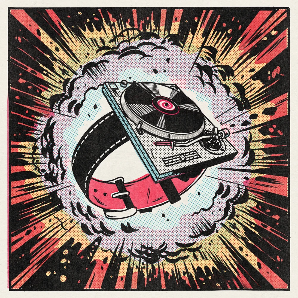Comic book style illustration of a record player on a leather watch band. It’s floating with an explosion behind it.