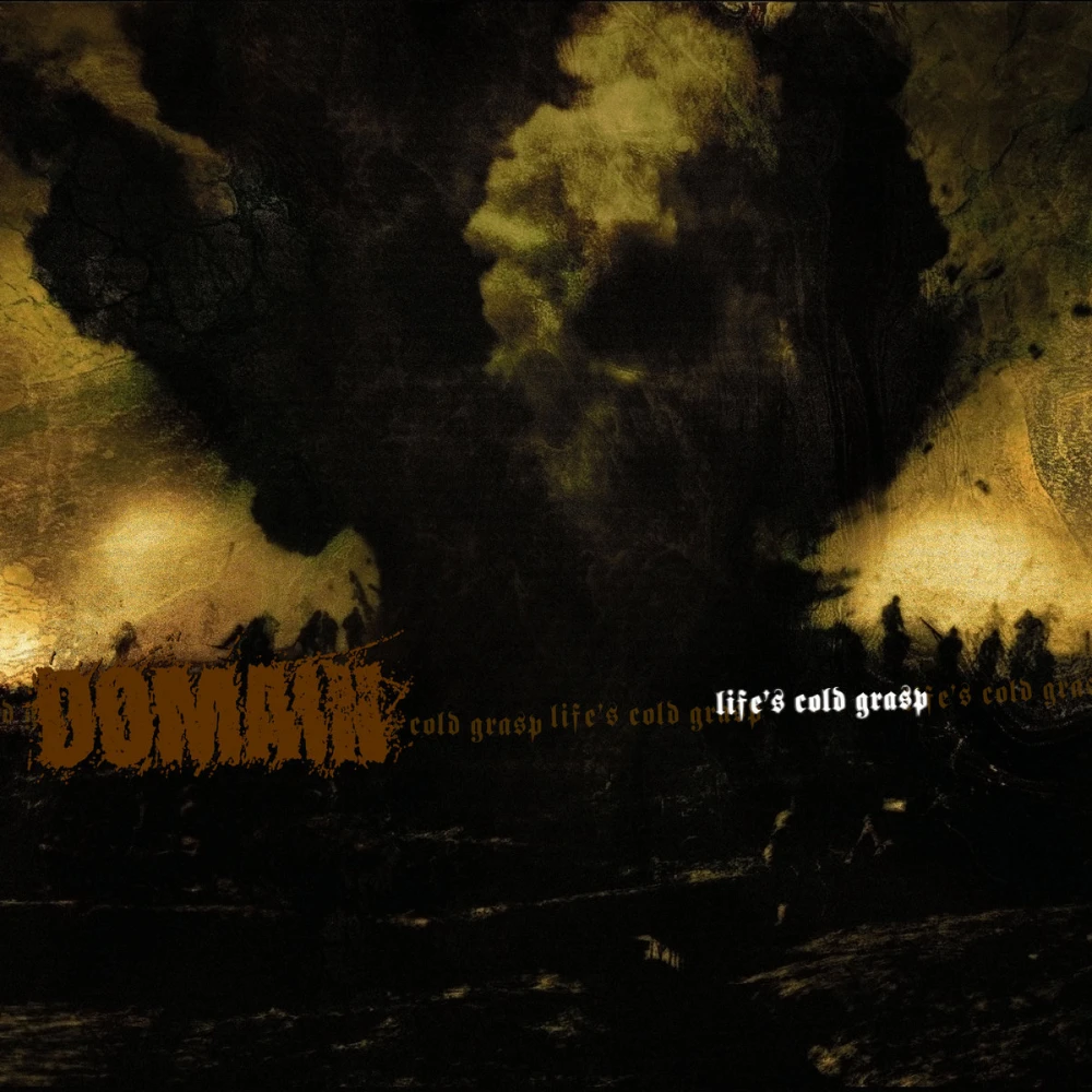 Very dark and crude painting of a dark battle field with a giant bomb explosion in the background over a golden smoke-filled sky. There are silhouettes of soldiers on the horizon and a faint skull in the smoke. The band name and record title are overlaid along in the horizon in rough fonts.