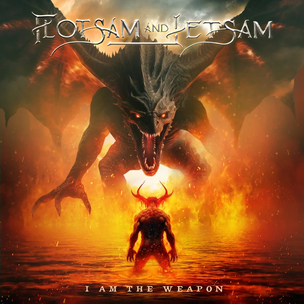 Detailed illustration of the backside of a male anthropomorphic bipedal creature with antlers and big muscles, standing on the ready with his head bowed, thigh-deep in water. Facing him in the background is a demonic dragon with spread wings, with its mouth open as if screaming. The band name and record title are subtilely overlaid.