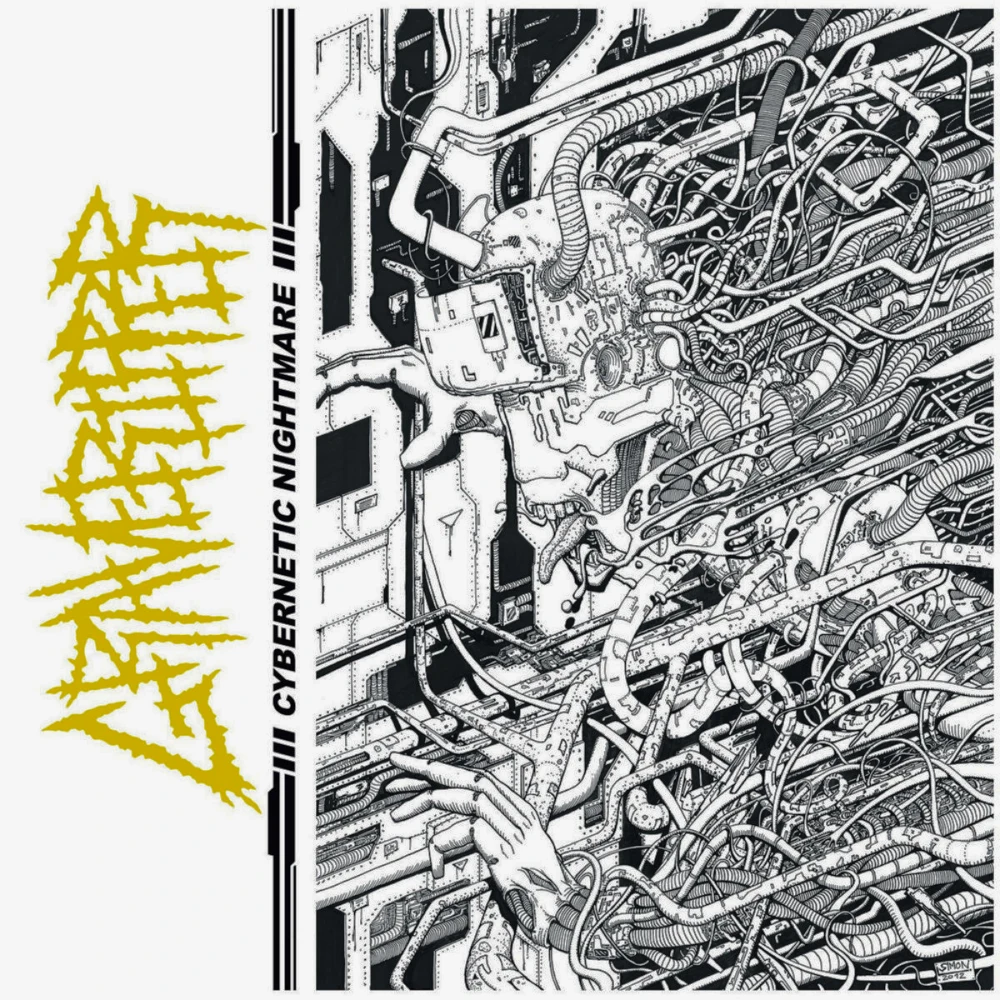 Black and white line-art illustration of an anthropomorphic creature with myriad tubes and wires stemming from its body. Its tongue is extended with drool hanging from its mouth. The thorny band logo and record title are overlaid sideways.