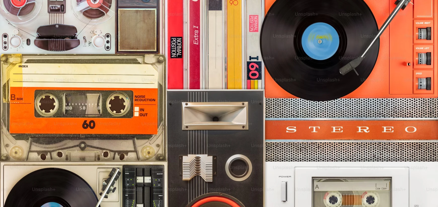 Colorful collage of music icons: reel to reel tape player, blank cassette tape cases, vintage turntable, blank cassette tape, speaker, and cassette player.