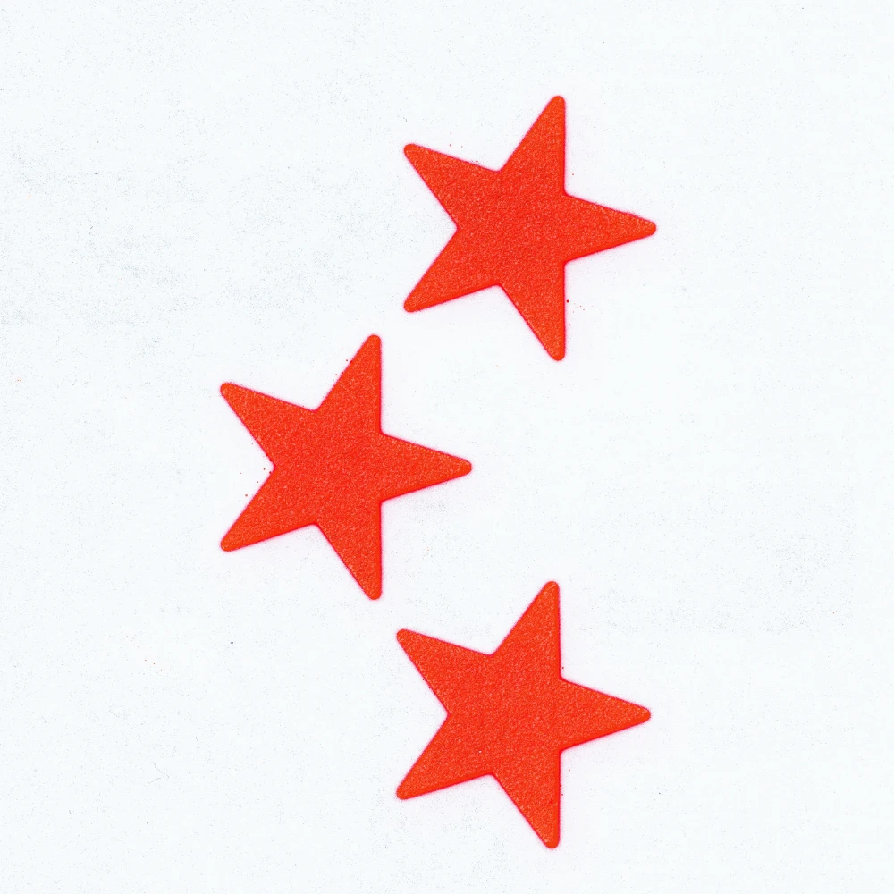 Three red stars with soft corners in a staggered column on a light gray background.