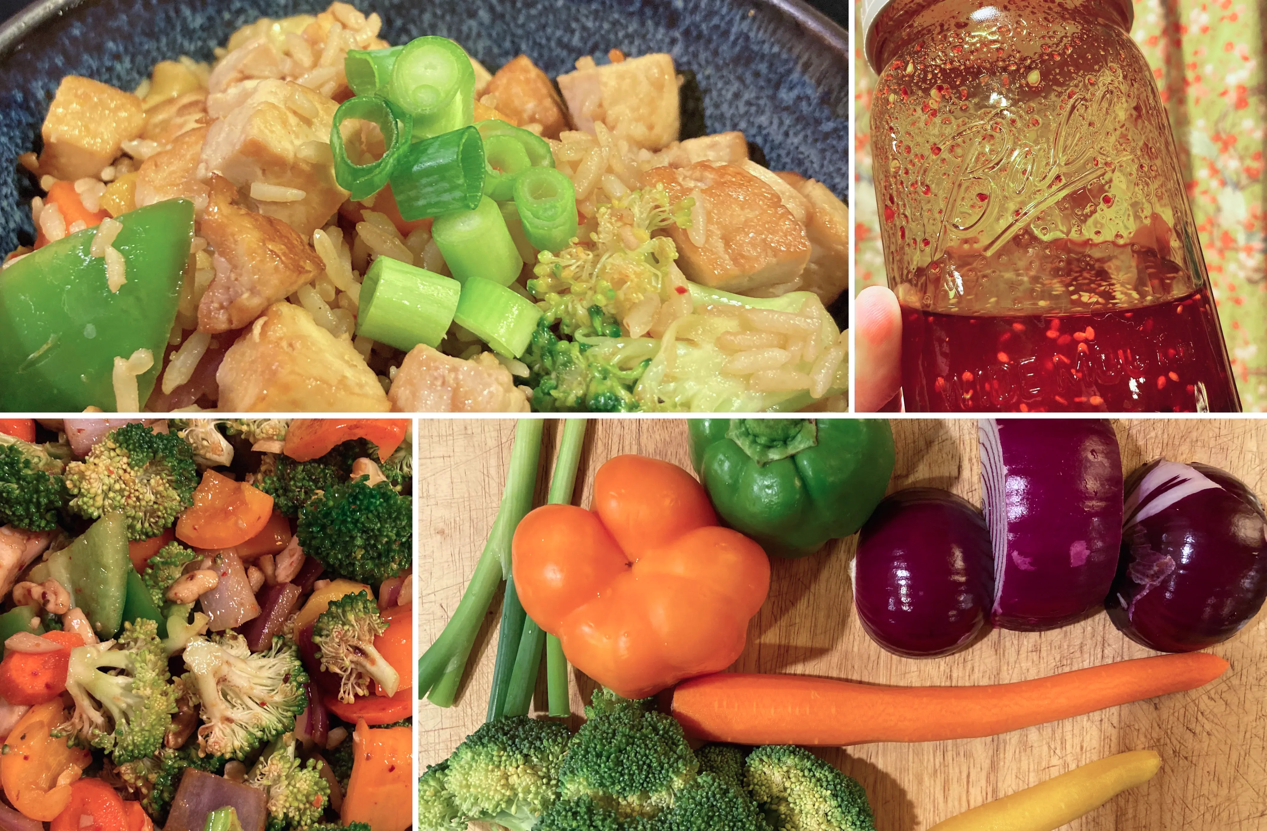 Collage of four images: bowl of finished dish, a jar of chili oil, ingredients cooking in a pan, and fresh veggies prepared on a cutting board.