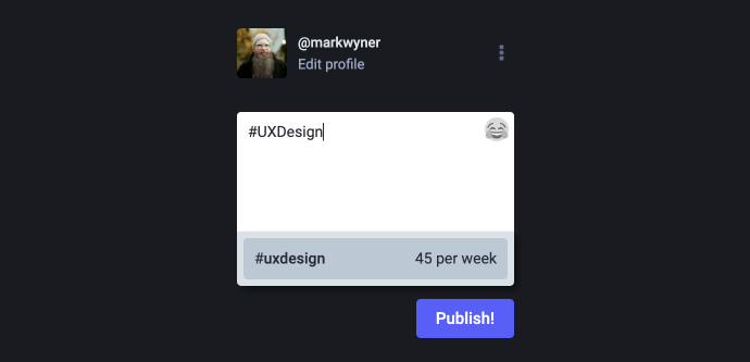 Mastodon publish widget with a pascal case #UXDesign hashtag typed into the input and a lowercase #uxdesign hashtag in the autosuggest menu.