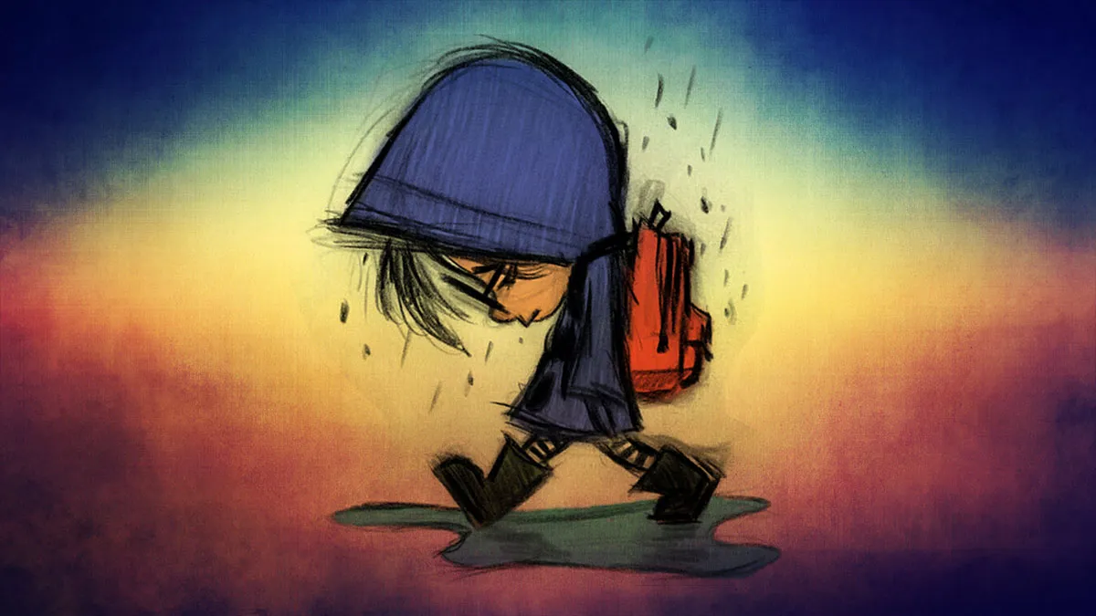 Sketchy and colorful illustration of a young girl walking in the rain, wearing glasses, a raincoat, boots, striped socks, and a backpack. The background is a vignetted rainbow pattern that makes for a gloomy mood.