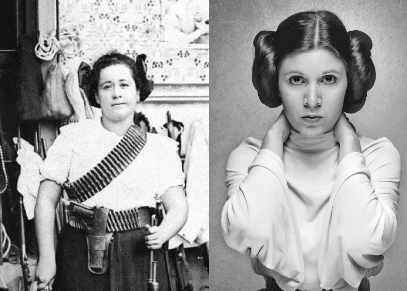 Photos of Clara and Leia side by side, each with their side buns. Clara is standing outside in front of an ornate building with a stoic expression. She is wearing a bandolier, a bullet belt with a gun in a holster, and is holding a sword in one hand and a rifle in the other. Leia is in a photography studio looking straight at the camera with a stoic expression with her hands behind her neck and her elbows pointed downward.