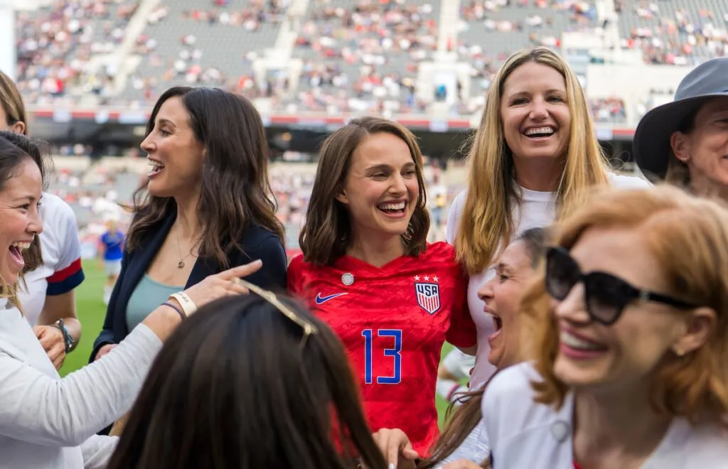 Natalie Portman, Mia Hamm, and other LA NWSL expansion team owners on the pitch in their stadium.