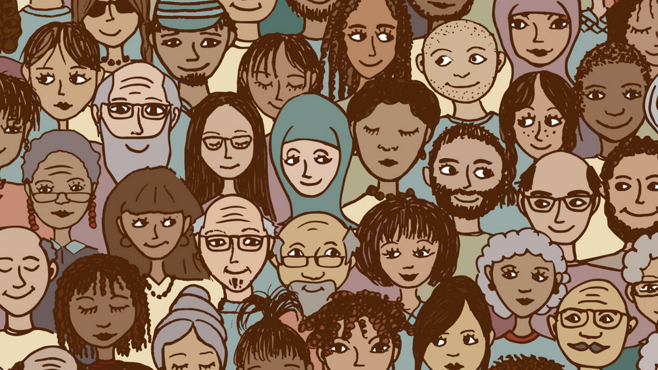 Illustration of a large group of diverse people, representing many ethnicities, genders, ages, and religions.