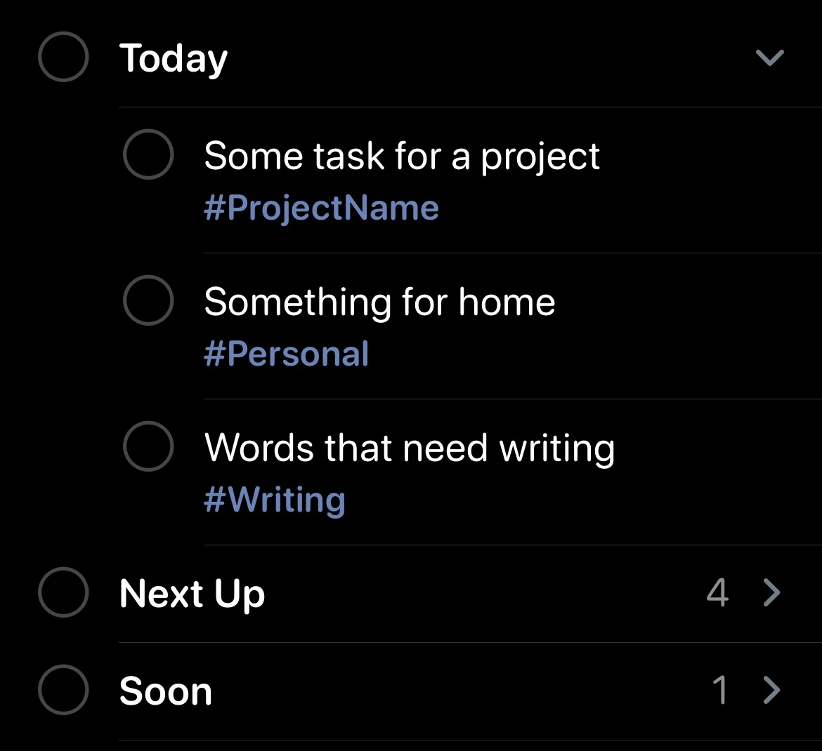 A to do list with an expanded item labeled 'today' that has three children items, each with its own tag, for project name, personal, and writing.