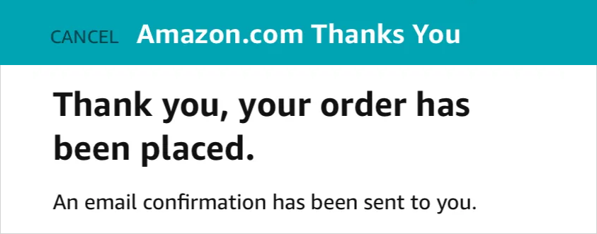 Screenshot of a success screen with a thank you message. Adjacent to the title there is a link with the label 'cancel.'