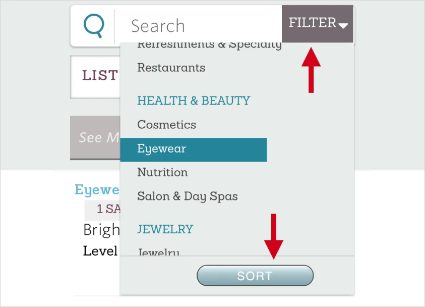Screenshot of a filter menu that is open with lots of options and a submit button with the label 'sort.' Arrows highlight the contradiction.